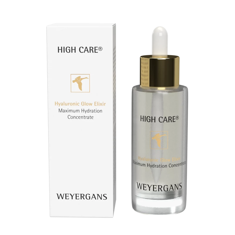 High Care Hyaluronic Glow Elixir hialuronsav doboza és a szérumot tartalmazó üveg egymás mellett, fehér háttérrel.